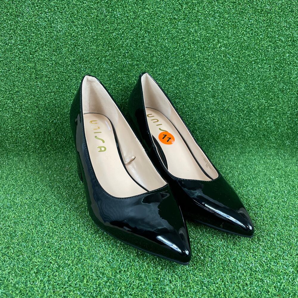 Unisa UNELITRA2-R Black Patent Leather Pointed Toe Block Heel Pumps Sz 11